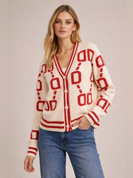Sweaters - Immodel Cardigan Sweater Size L Red‎ Cream Pattern Button Front Cozy Chic